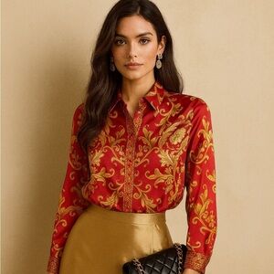 Chico's Women's Boho Ornate Scroll-Print Long Sleeve Tunic Sz Small Pink Gold